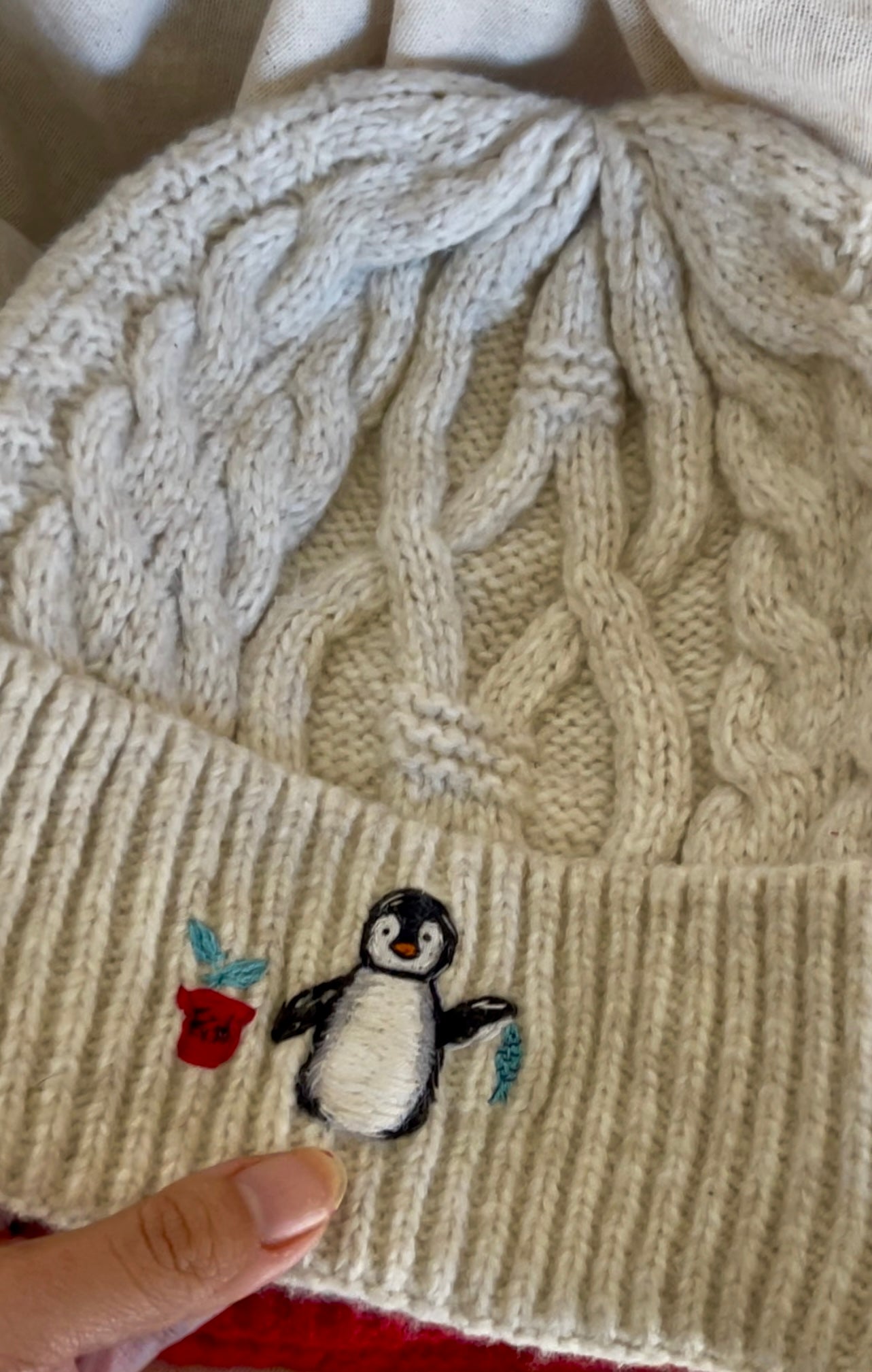 Hand-embroidered Pingu and the sea Beanie