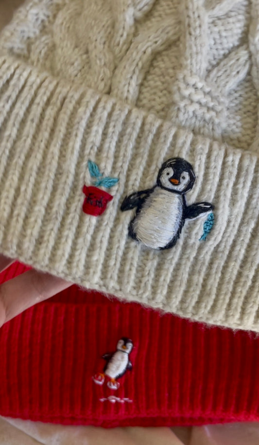 Hand-embroidered Pingu and the sea Beanie