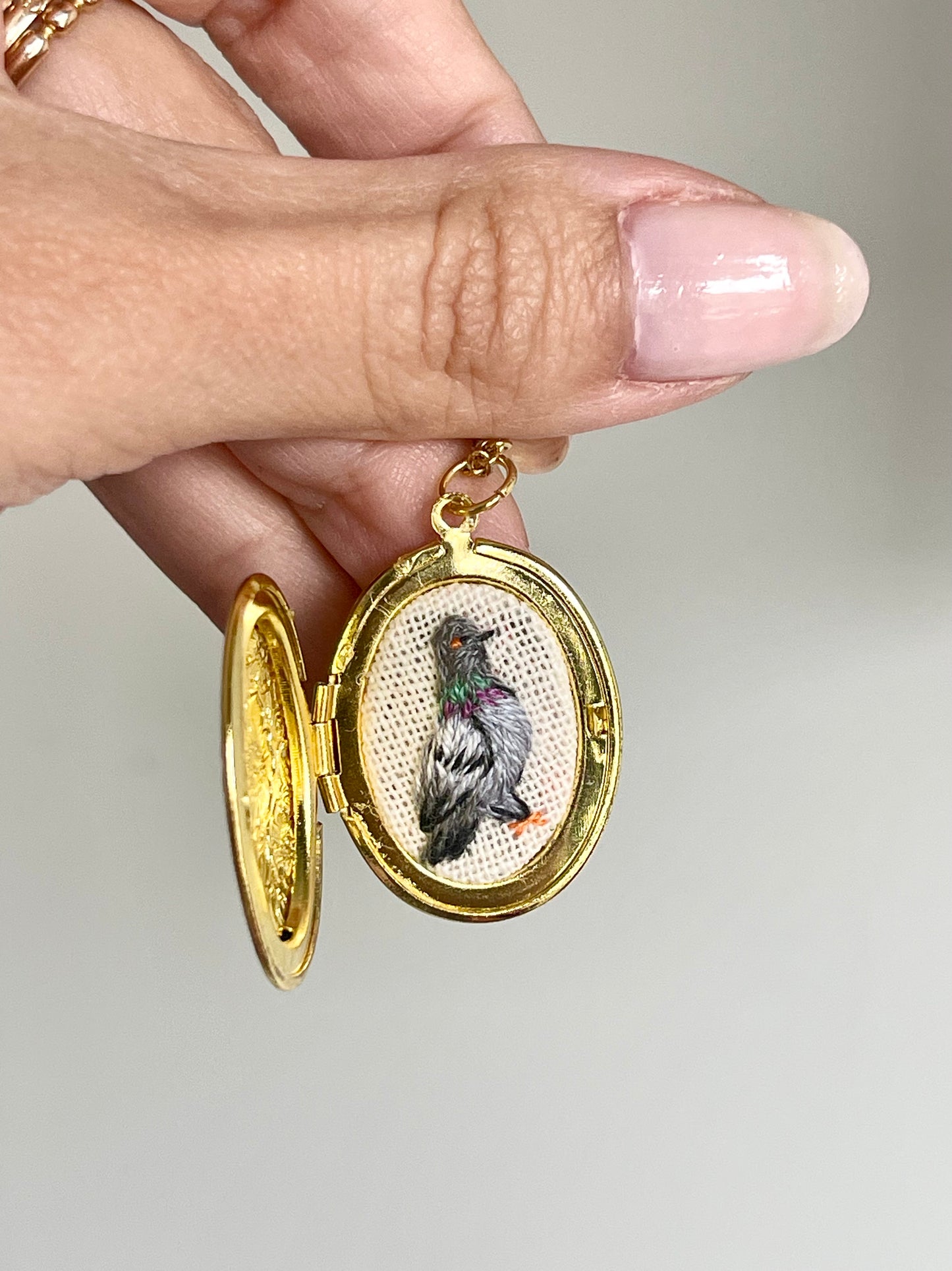 Hand- Embroidered Pigeon Locket
