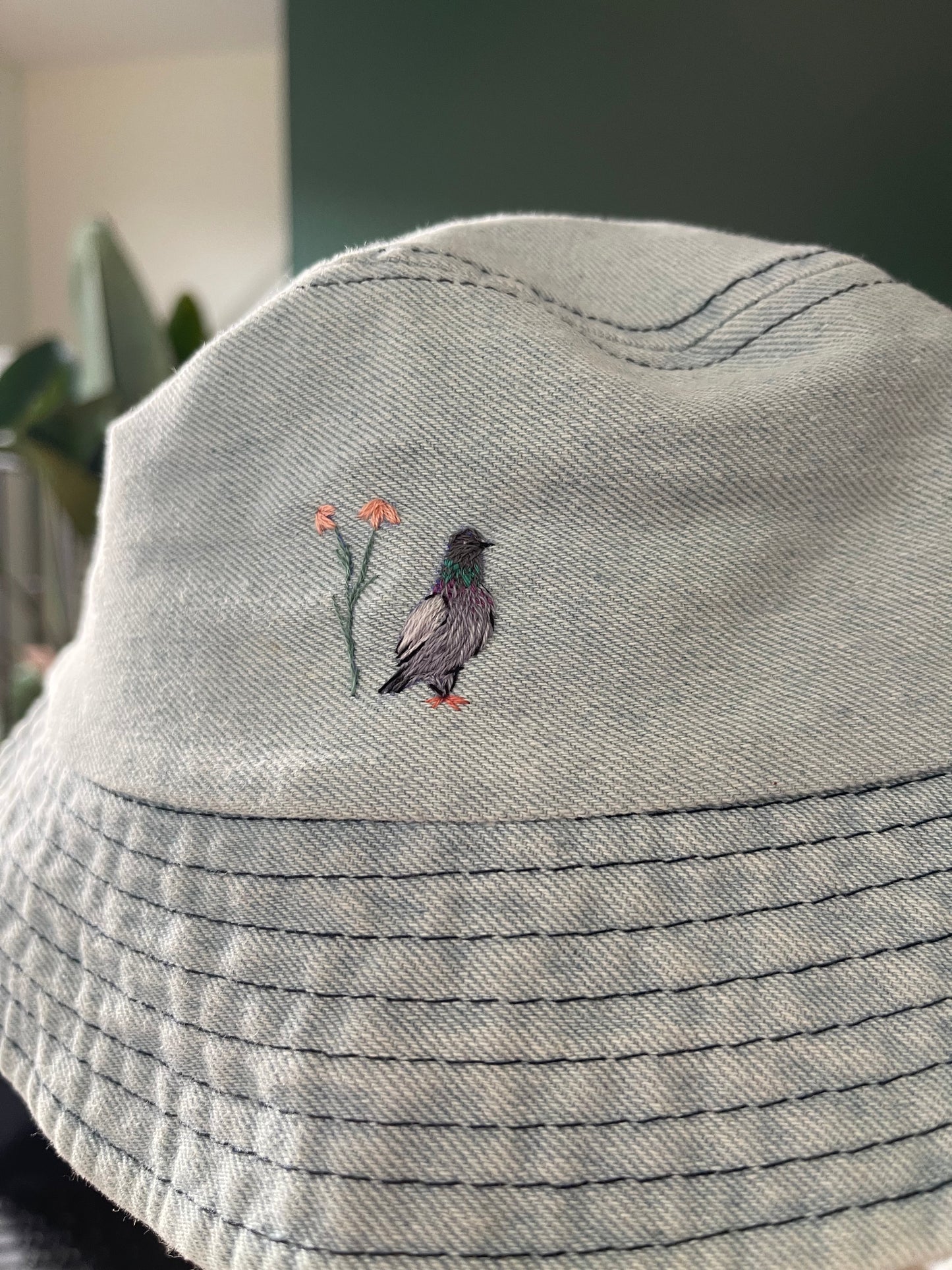 Hand embroidered Pigeon Bucket hat